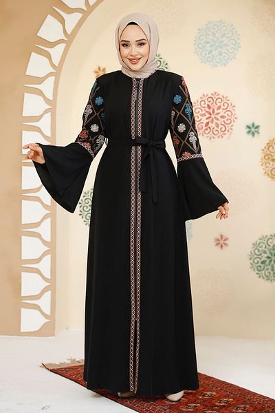 Neva Style Black Patterned Hijab Abaya - 90311S