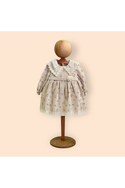 Bebellays Çiçek Desenli Keten Kız Elbise Bej