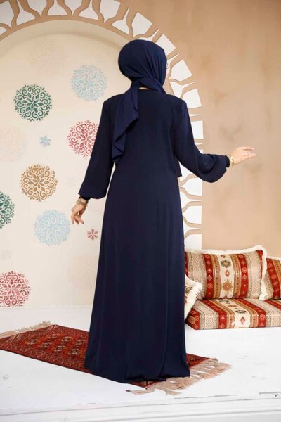 Neva Style Navy Blue Zippered Hijab Abaya - 8104L