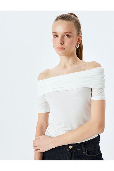 Koton Off-The-Shoulder Madonna Neck Drawstring Short Sleeve Blouse