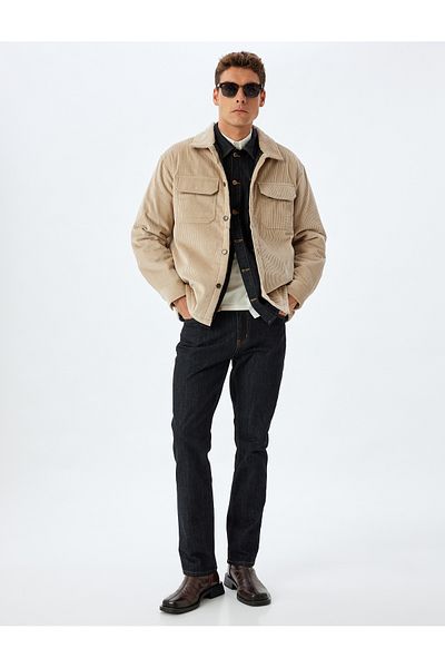 Koton Βαμβακερό μπουφάν Slim Fit - Κοτλέ με γιακά πουκάμισου και λεπτομέρεια τσέπης με πτερύγιο