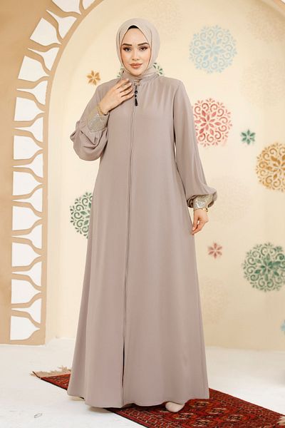 Neva Style Beige Hijab Abaya - Zippered, Model 35168Bej