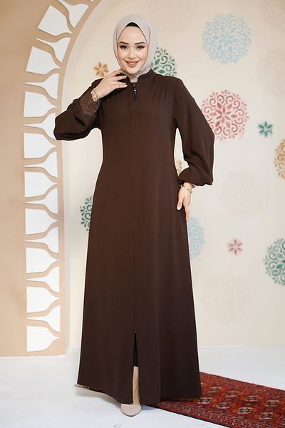 Neva Style Brown Zippered Hijab Abaya - 35168Kh