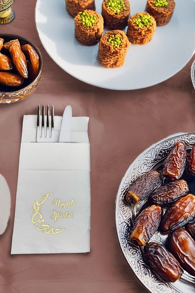 Artikel 12 Pieces of White Gold Gilded Genealogy Iftar, Iftar Table Decor and Serving Presentation Napkin