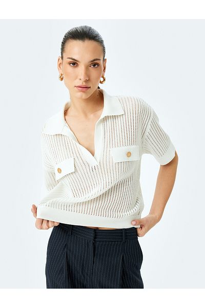 Koton Applique Detailed Buttoned Short Sleeve Openwork Polo Neck Crochet Sweater