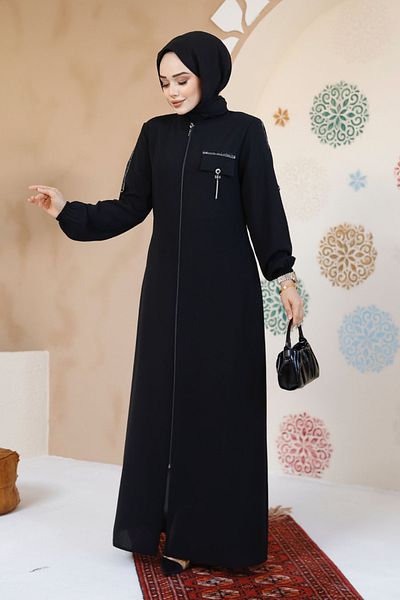 Neva Style Zippered Black Hijab Abaya 61361S