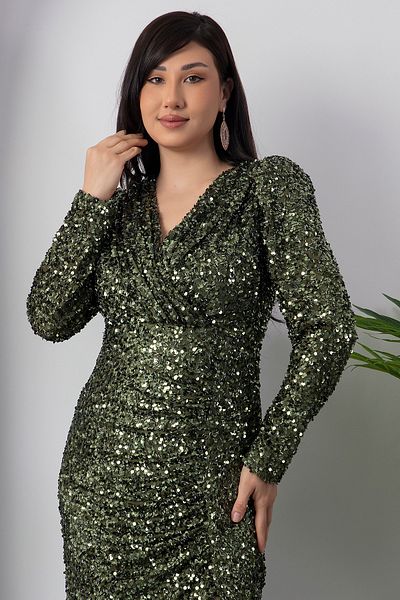 PULLIMM Rochie cu mânecă lungă cu paiete cu guler dublu ECR5393
