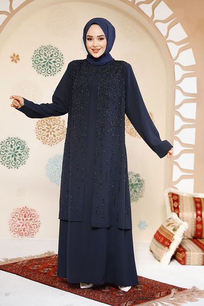Neva Style Abaya Hijab bleumarin brodat cu margele 29119L