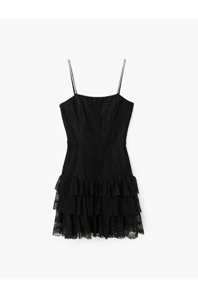 Koton Kare Yaka Taş Detaylı Askılı Dantelli Volanlı Mini Abiye Elbise