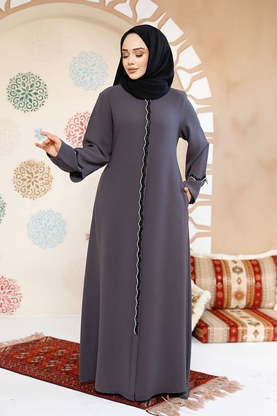 Neva Style Smoked Bead Embroidered Hijab Abaya - 61365Fu