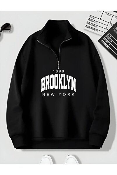 Wish BF Yarım Fermuarlı Brooklyn Baskılı Siyah Unisex Oversize Sweetshirt