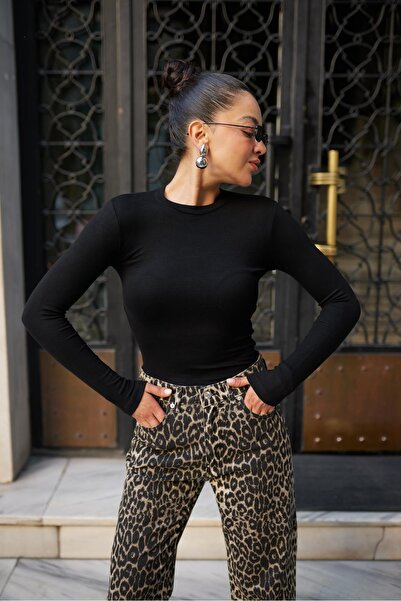 Askı Nişantaşı Black Crew Neck Lycra Blouse