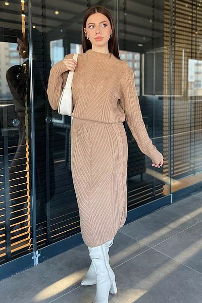 GÜLSELİ Biscuit Women's Knitted Knitwear Blouse Skirt Double Set