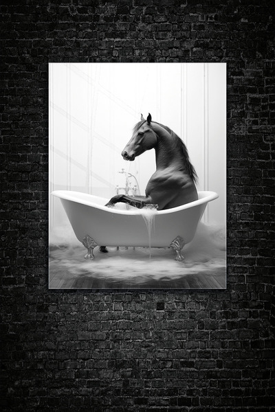 Horse Pattern in Black, White Bathtub, 4 mm Tempered Tempered Glass Table