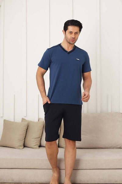 ALİMER Σετ ανδρικές πιτζάμες - Indigo Arma Κεντημένο Lycra V-Neck Σορτς Σετ 1212ŞT