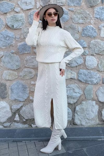 GÜLSELİ Cream Women's Knitted Knitwear Blouse Skirt Double Set