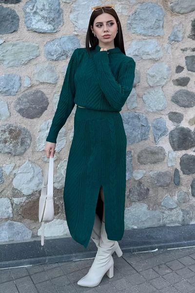 GÜLSELİ Emerald Green Women's Knitted Knitwear Blouse Skirt Double Set