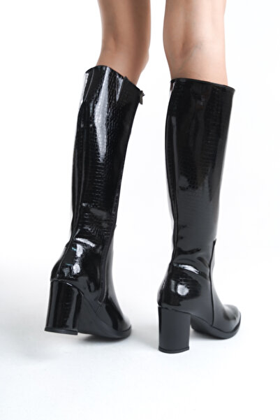 Limeo Dámské dlouhé boty na podpatku s koženým vzhledem a detaily kamene na zip