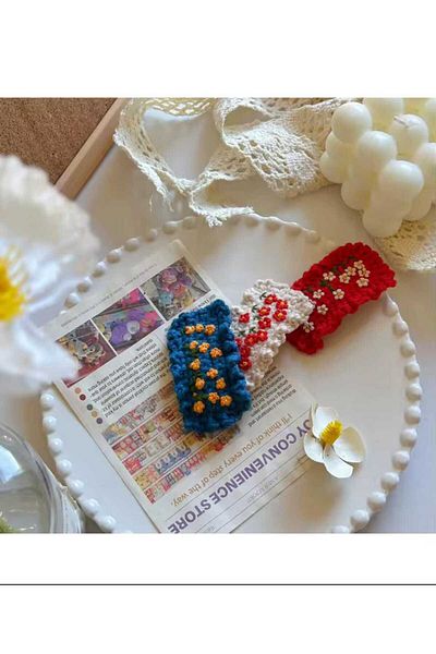 Kadın Girişimciler Atölyesi Floral Embroidered Mother & Daughter Niche Organic Handmade 3-Piece Snap Clip Hair Accessory Suitable for All Ages