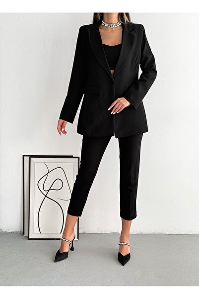 diaves Siyah Tek Düğme Blazer Ceket Havuç Pantolon Takım Elbise