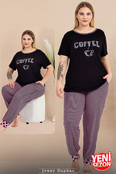 Jenny Daphne Plus Size Stripe Pajamas Set - Short Sleeve, Leg Detail 11009