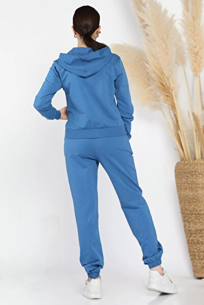 GÜLSELİ Μπλε γυναικείο σετ αθλητική φόρμα με κουκούλα με φερμουάρ