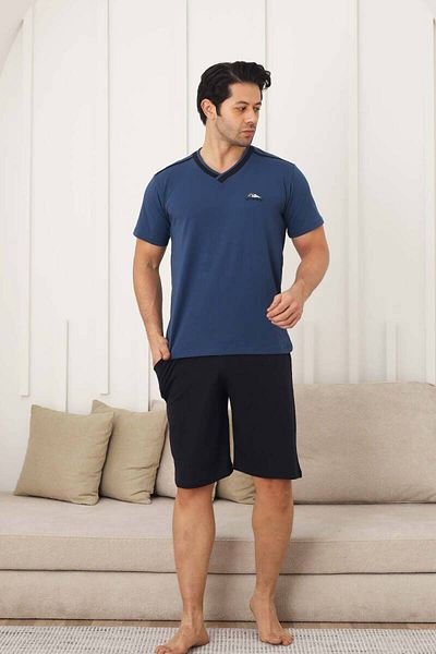 ALİMER Σετ ανδρικές πιτζάμες - Indigo Arma Κεντημένο Lycra V-Neck Σορτς Σετ 1212ŞT