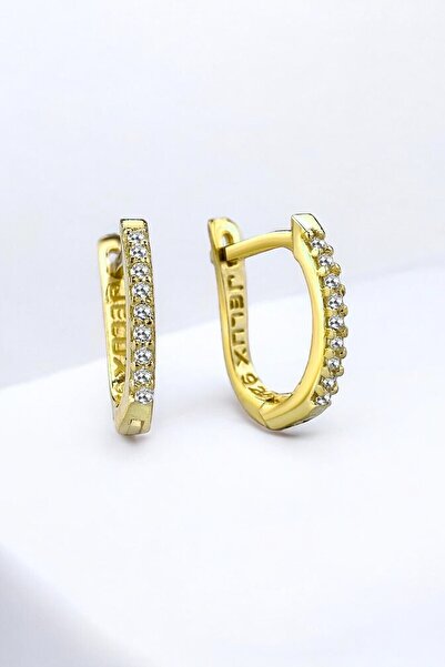 jelux silver Gümüş 925 Ayar Yarım Tur Su Yolu Zirkon Taşlı Gold Küpe