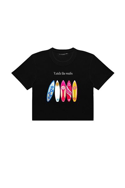 Sekizbiraltı Top crop negru cu imprimeu Surfer