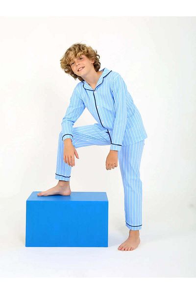 pistyle Set de pijamale cu mânecă lungă pentru băiat, 100% bumbac, cu nasturi, cu dungi albastre