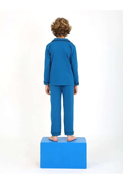 pistyle Erkek Çocuk Uzun Kollu %100 Pamuklu Düğmeli Lacivert Pijama Takımı