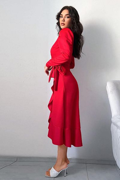 Deafox Rotes, langärmliges Midikleid aus Kreppstoff mit Gürtel