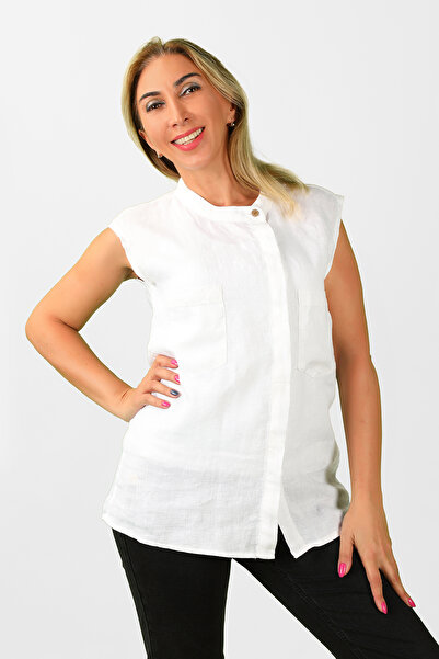 BALİNS Kadın Kolsuz Keten Gömlek Beyaz