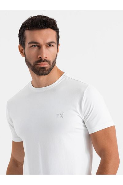 OMBRE Pánské SLIM FIT tričko s elastanem a potiskem - bílé V2 OM-TSBC-0222 XXL