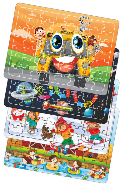 Cute Bus, Space Playground, Snow Playing Child, Floating Child 56-Piece Wooden Puzzle Set of 4