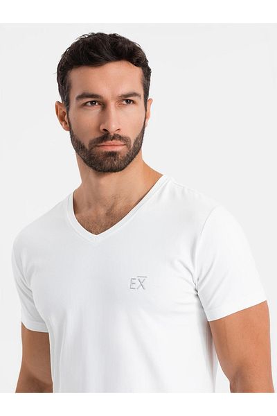 OMBRE Pánské tričko SLIM FIT s výstřihem do V s elastanem a potiskem - bílé V2 OM-TSBC-0221 L