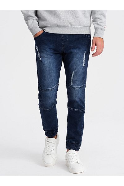 OMBRE Pánské mramorované kalhoty JOGGER s třením - tmavě modré V1 OM-PADJ-0153 S