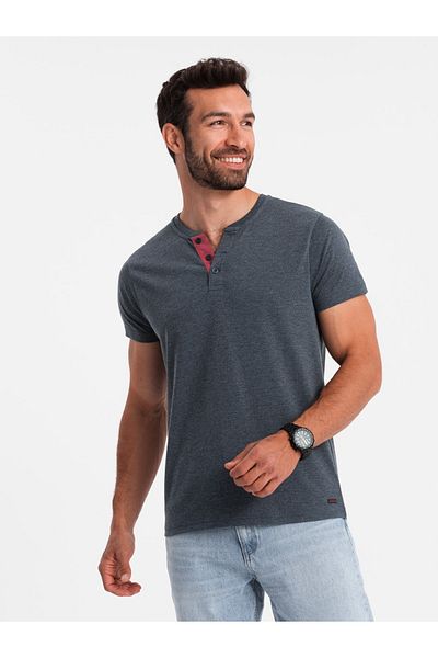 OMBRE Pánské tričko s rozepnutým kulatým výstřihem henley - tmavě modrá V5 OM-TSCT-0155 XXL