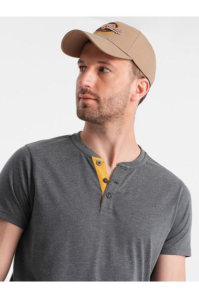 OMBRE Pánské tričko s kulatým výstřihem henley - tmavě šedé V6 OM-TSCT-0155 XL
