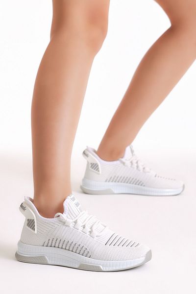 PowerSpeed Unisex White Gray Poly Sole Textile Fabric Lace-Up Sports Shoes