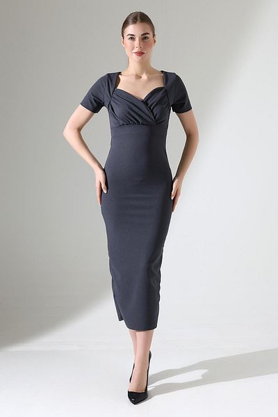 Deafox Gray Double Breasted Neckline Short Sleeve Crepe Fabric Midi Dress
