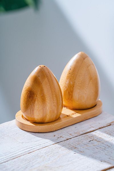ACAR Set of 2 Salt and Pepper Shakers with Bamboo Stand - 14 cm