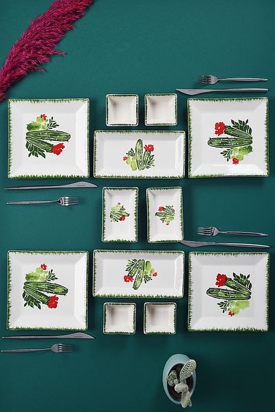 Piatti Naturali 12 Pieces 4 Seater Cactus Breakfast Set Handmade Breakfast Presentation Set Serving Plates