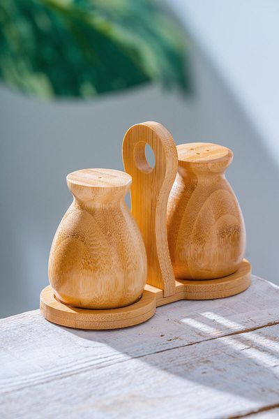 ACAR Salt and Pepper Shakers Set with Bamboo Stand - 15 cm