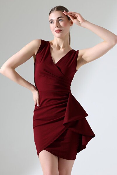 Deafox Rochie mini din țesătură creponată burgundă cu bretele groase