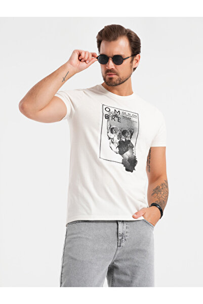 OMBRE Ανδρικό βαμβακερό μπλουζάκι με κρανίο - λευκό V2 OM-TSPT-0200 XXL
