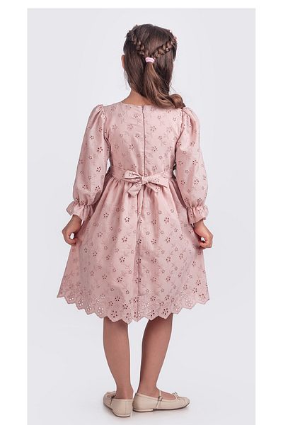 Pina Kids فستان بناتي بأكمام طويلة وأكمام مطاطية وتفاصيل شريطية ELB.2774
