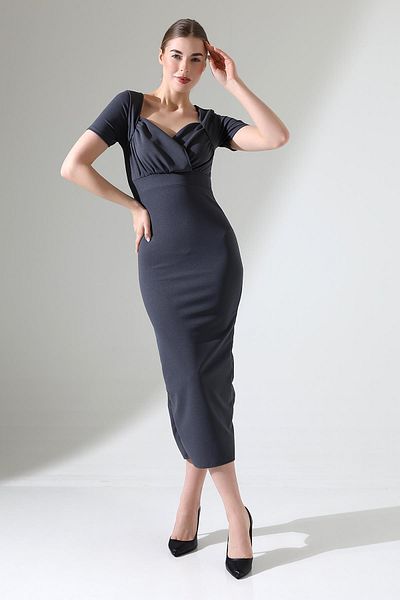 Deafox Gray Double Breasted Neckline Short Sleeve Crepe Fabric Midi Dress