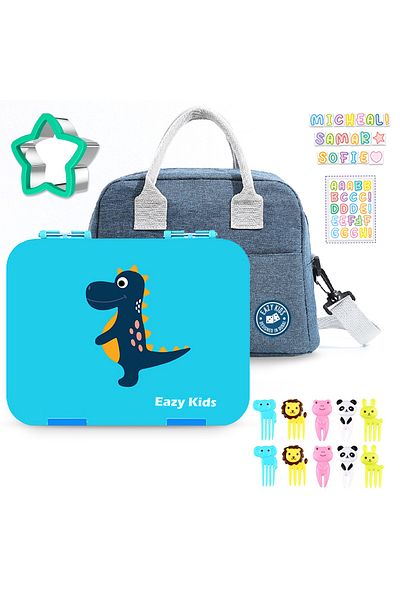 Eazy Kids صندوق غداء بنتو من إيزي كيدز بتصميم ديناصور مكون من 6/4 أقسام مع حقيبة غداء - أزرق
