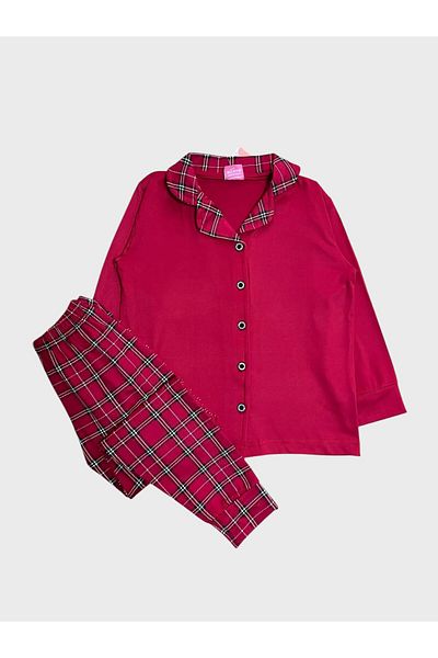 ALİŞ KİDS Girls' Cotton Lux Milan Fabric Red Plaid Print Shirt Collar Button-Down Pajamas Set